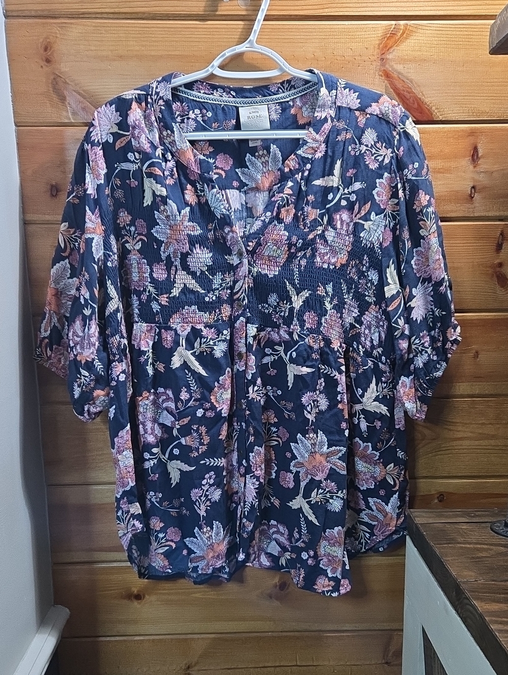 Knox Rose Navy Floral Smocked Babydoll Top 2X